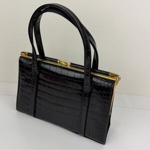 Vintage 1960s My Lady Genuine Crocodile Black Top Handle Bag England